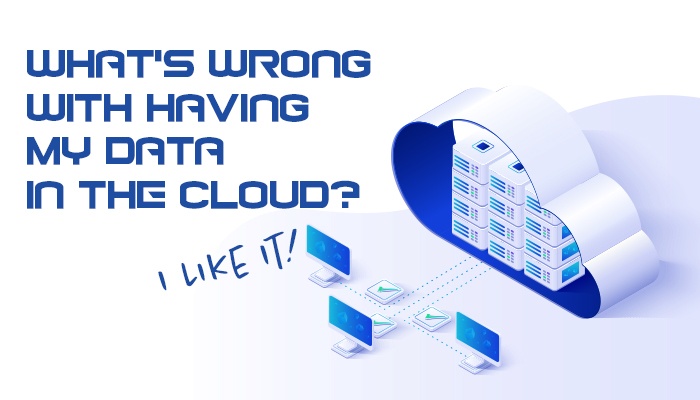 image of the concept of cloud computing with the words "What's wrong with having my data in the clouds? I like it!