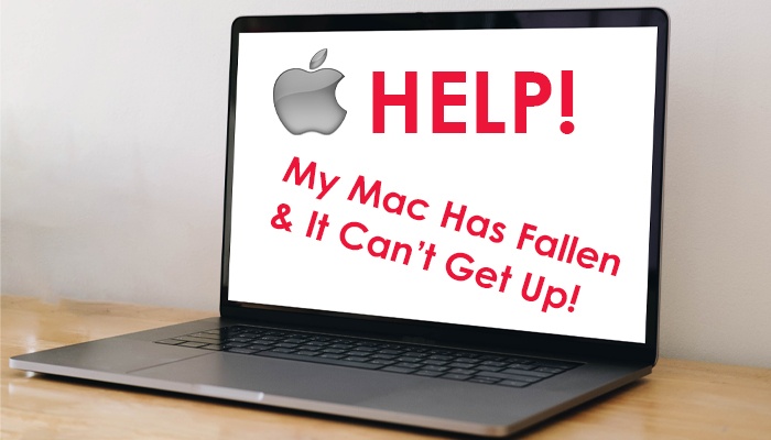 Image of a macintosh with the words "help my Mac has fallen and it can't get up"