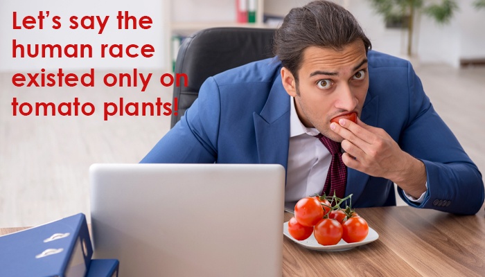 funny image of a man eating a tomato by his computer